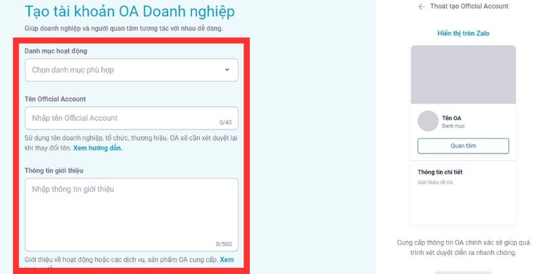 Bạn cần điền thông tin để đăng ký thành công Zalo OA